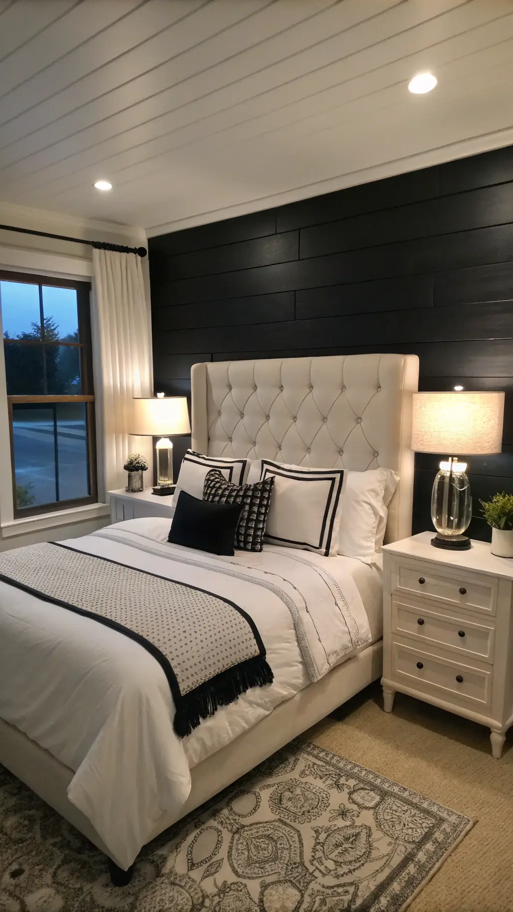Serene dusk bedroom with black shiplap accent wall, white queen bed with layered bedding and monochrome pillows, soft glow from ceramic table lamps on nightstands