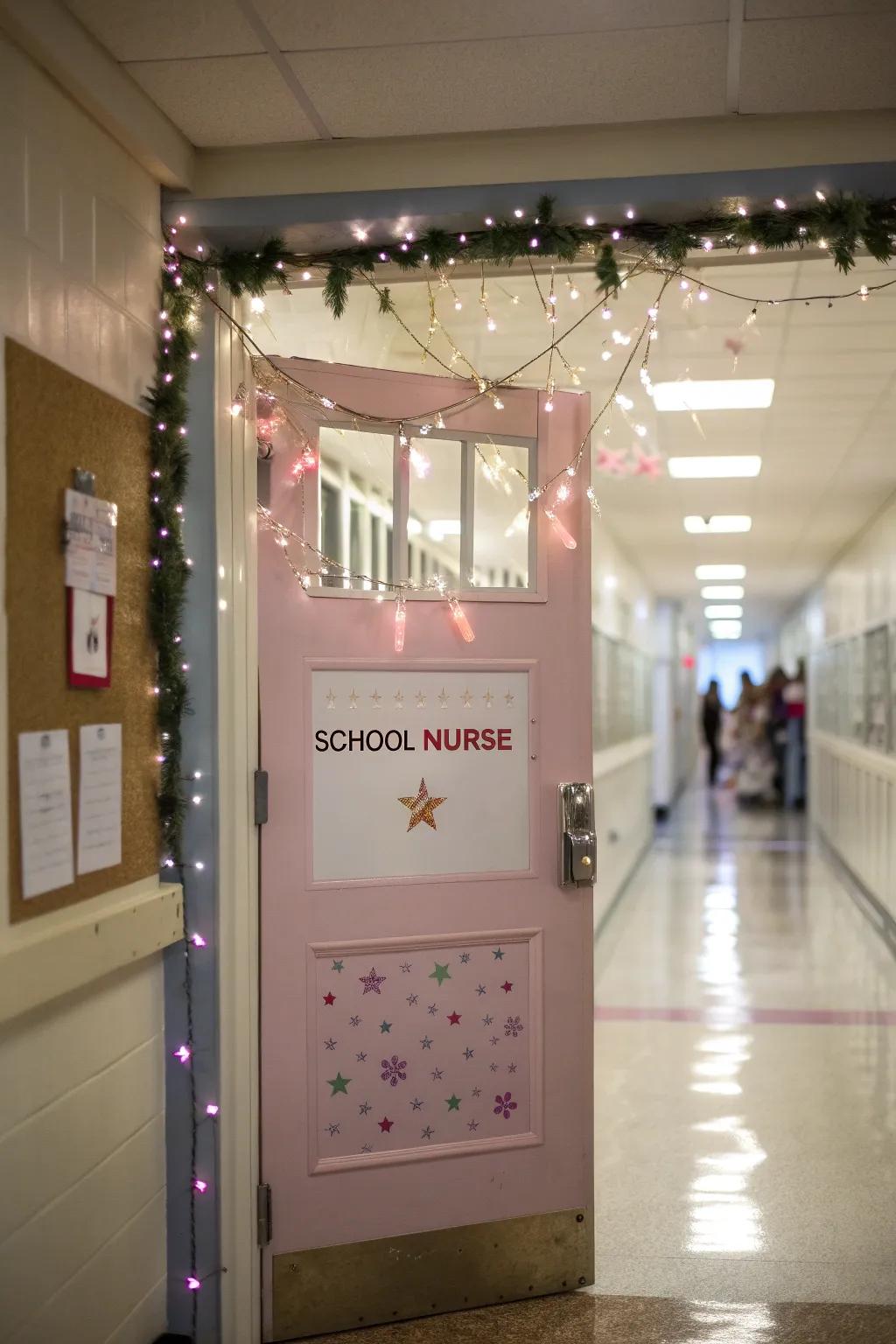 Whimsical school nurse door decorated with fairy lights and playful patterns.