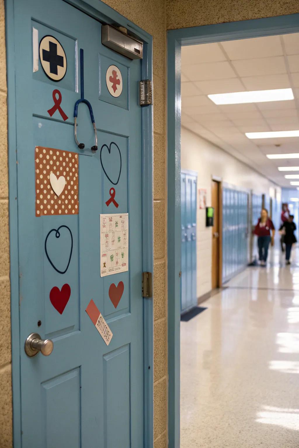 School nurse door decorated with medical symbols emphasizing health.