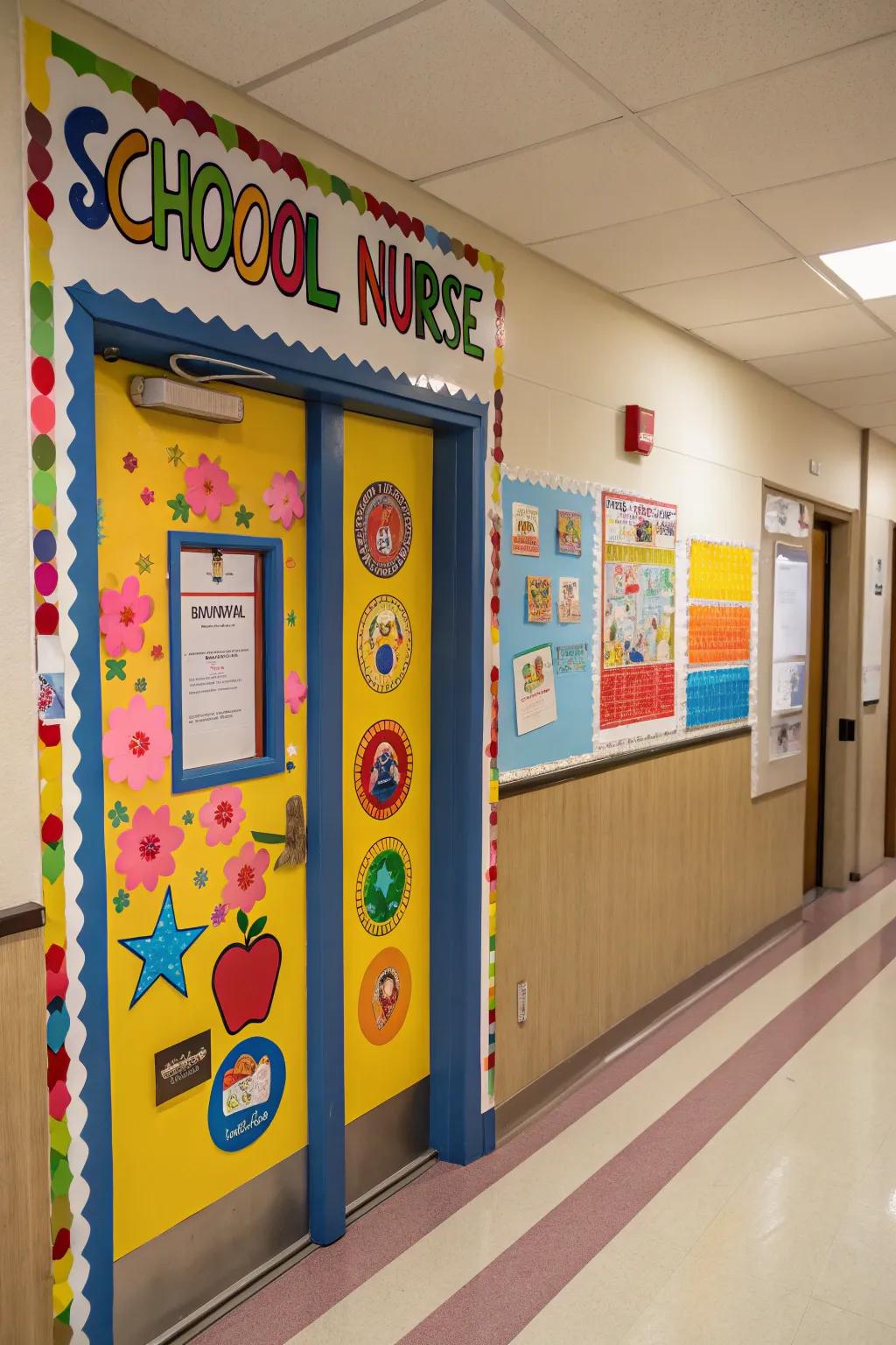 Bright and colorful school nurse door that warmly welcomes visitors.