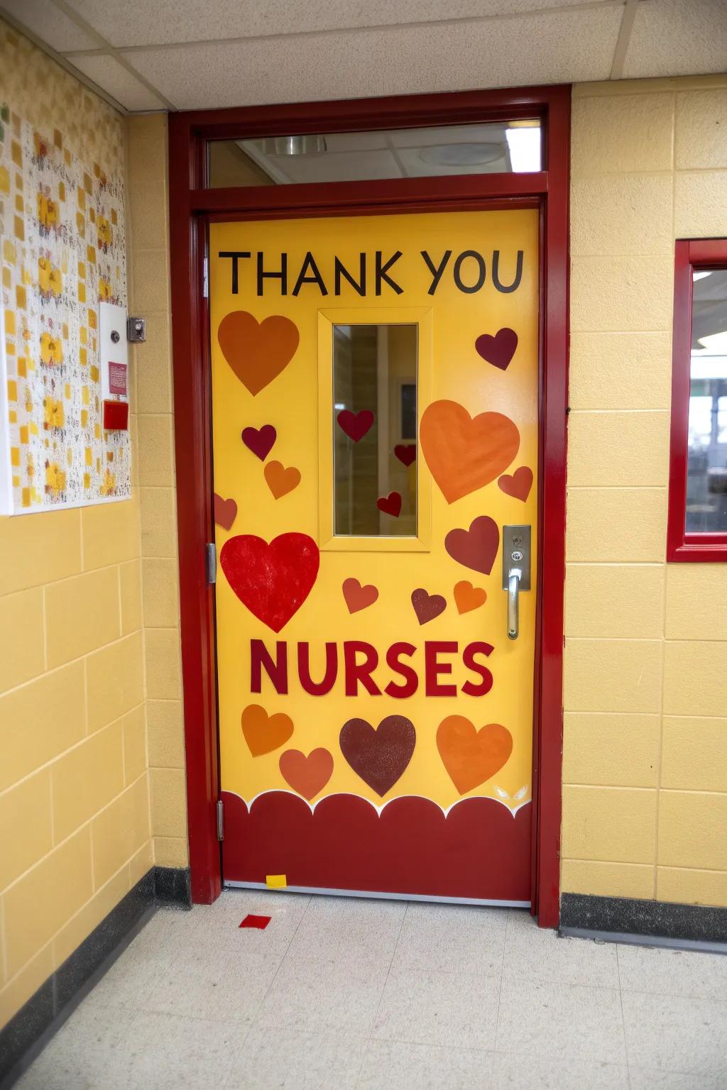 Door decorated with hearts and a heartfelt'Thank You Nurses' message.