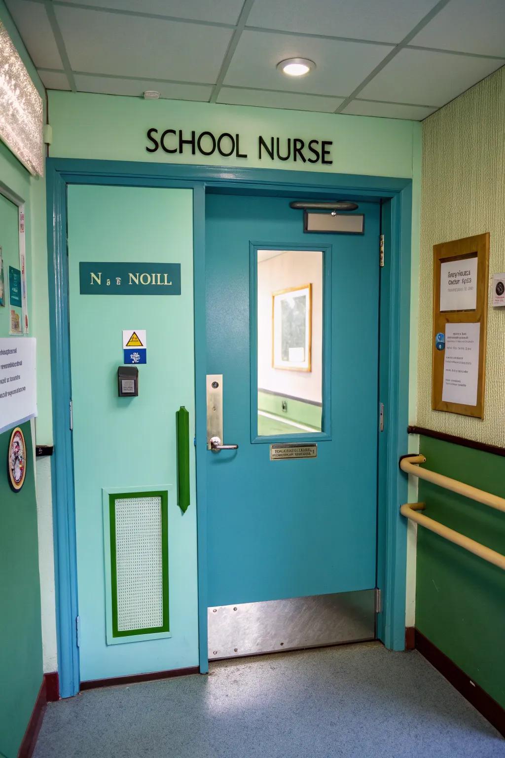 School nurse door painted in calming blue and green tones.