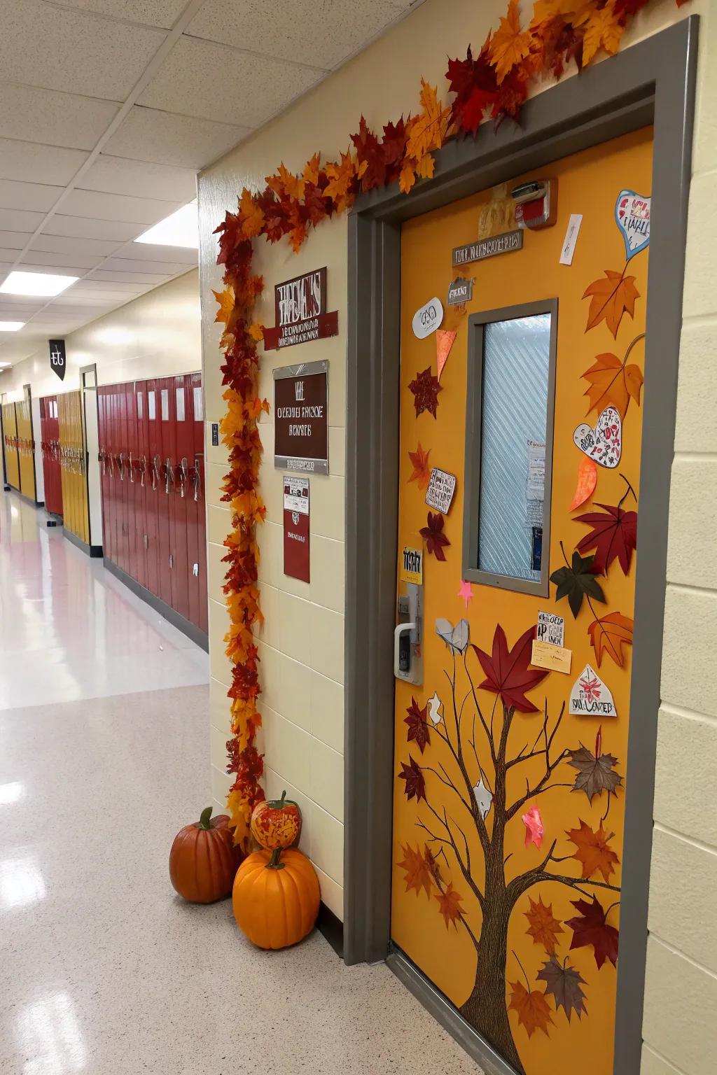 Festive school nurse door decorated for autumn with pumpkins and leaves.