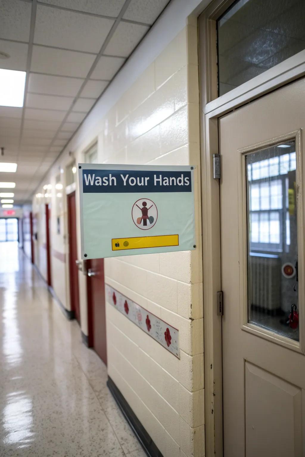School nurse door promoting hygiene with safety reminders.