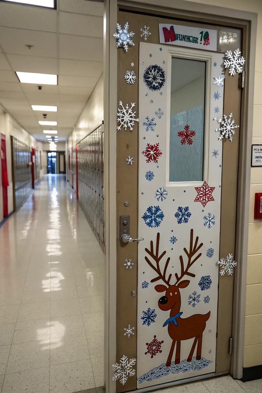 Winter-themed'Reindeer Clinic' door decoration with snowflakes.