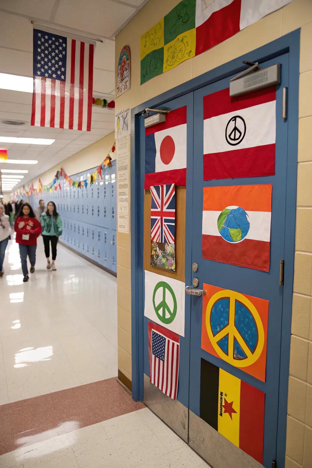 School nurse door decorated with global flags and cultural symbols.