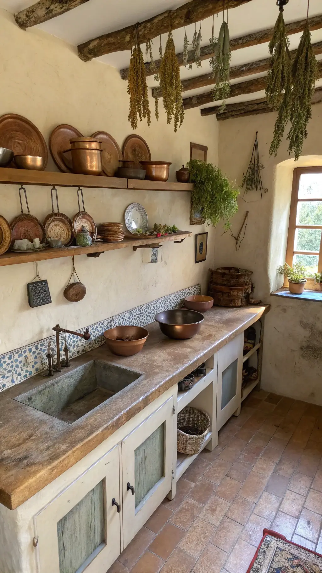 Rustic kitchen viewed from above with hand-scraped wooden countertops, worn earthenware, tarnished copper pots, stone sink, and dried herbs hanging from beams under skylight