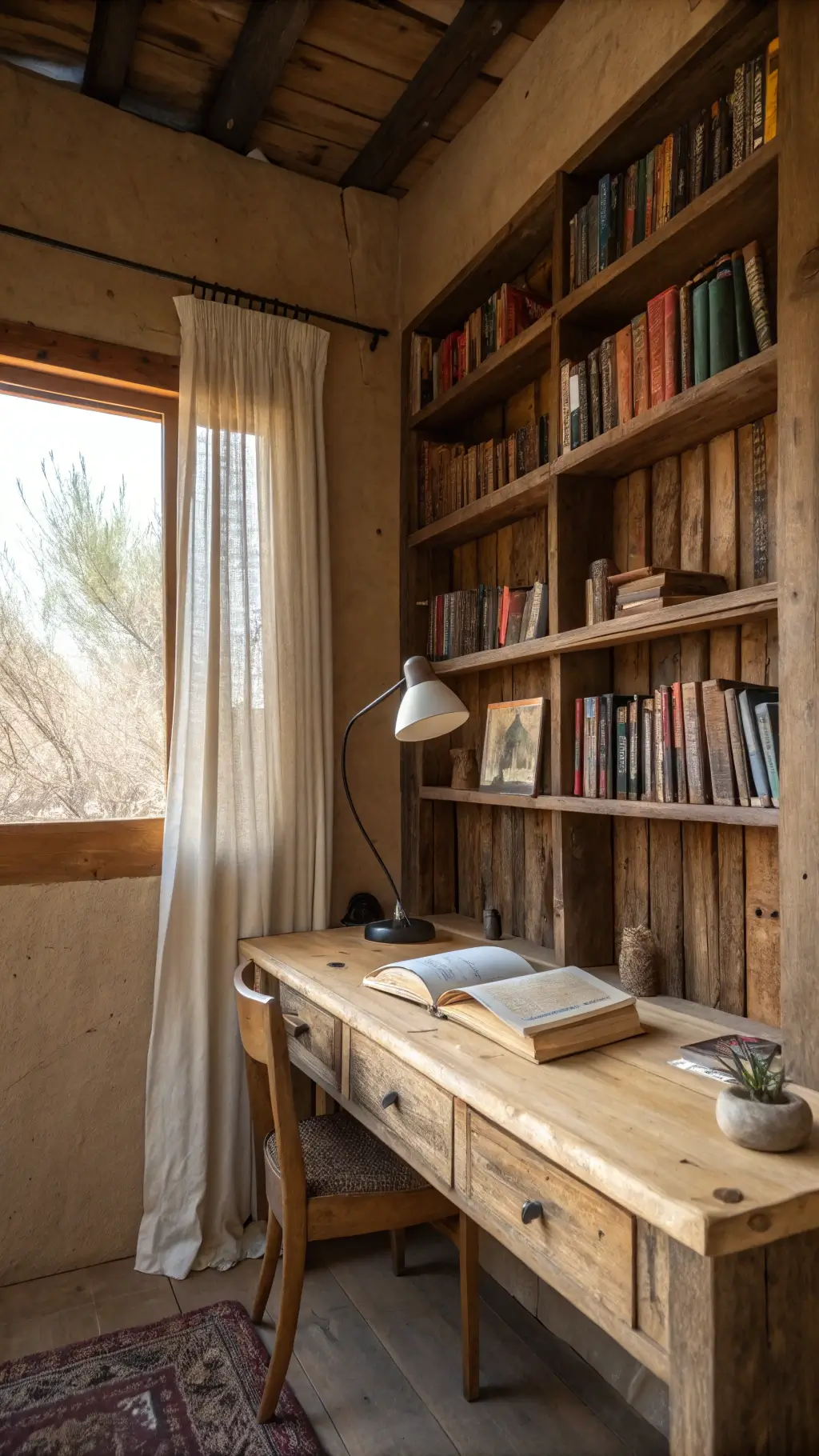 Study area with reclaimed wood shelving, worn leather books, handcrafted desk, ceramic lamp with crazing, clay-finished walls, and soft filtered light through woven curtains