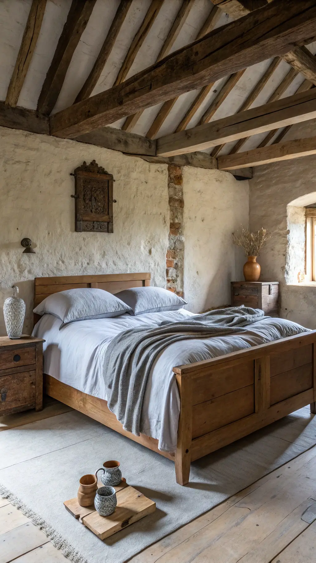 Rustic bedroom bathed in early morning light with exposed beams, unmilled wooden bed with soft gray linen, and handmade ceramic vessels on antique chest