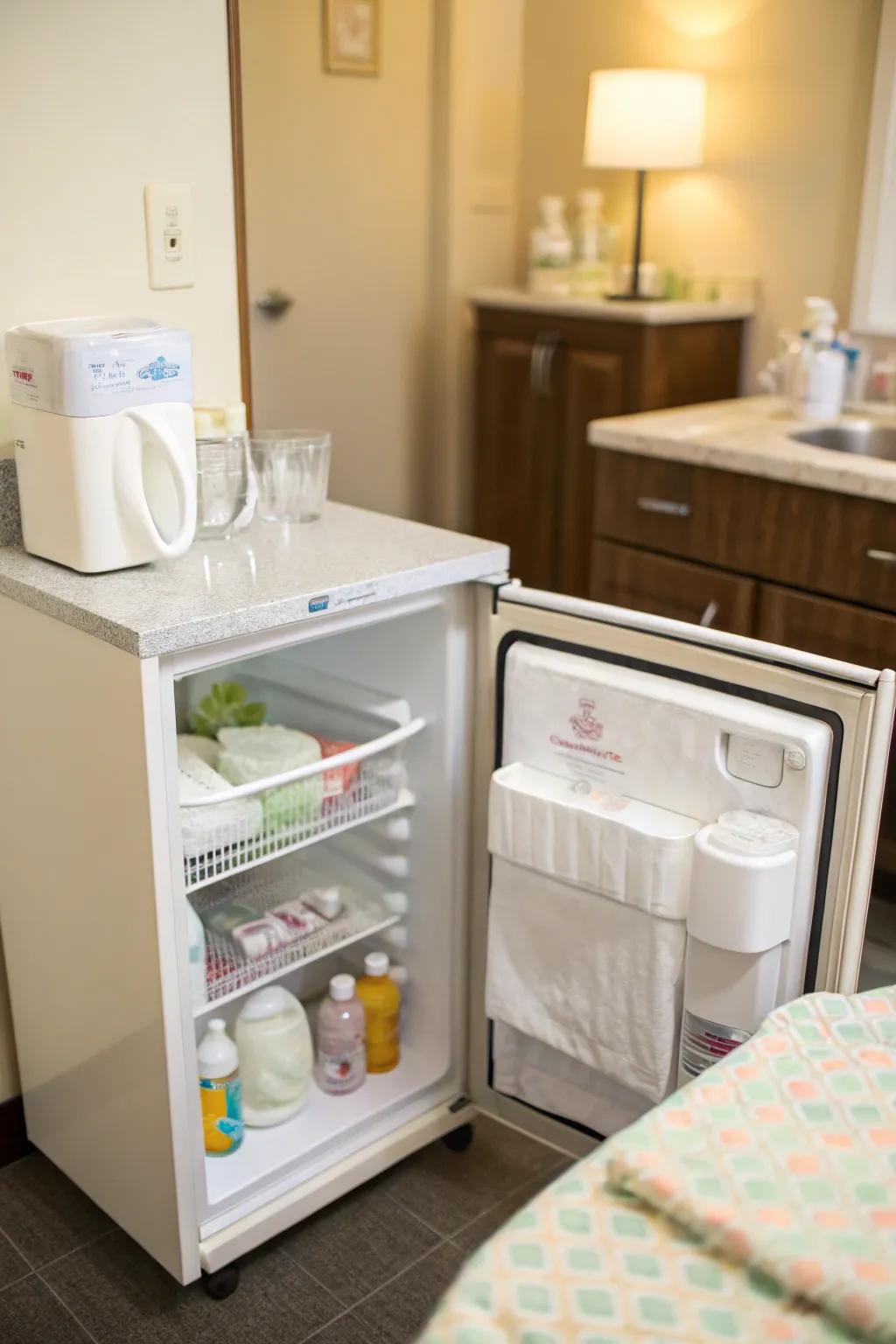Compact fridge and sink provide practical convenience for nursing mothers.