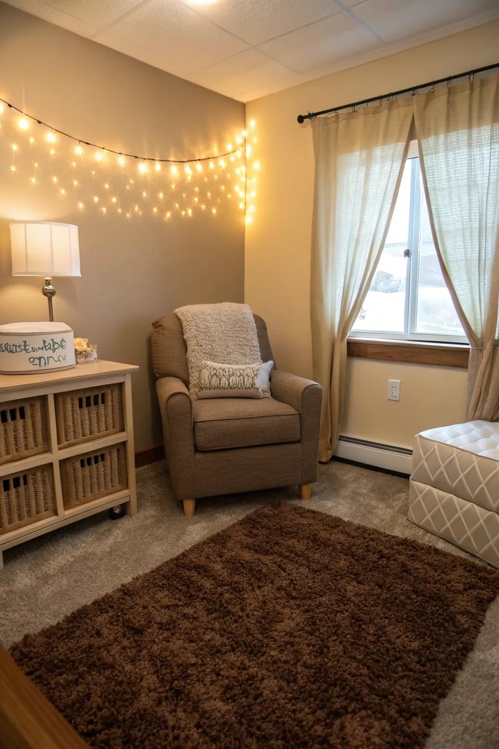 A plush rug adds warmth and texture to the nursing space.