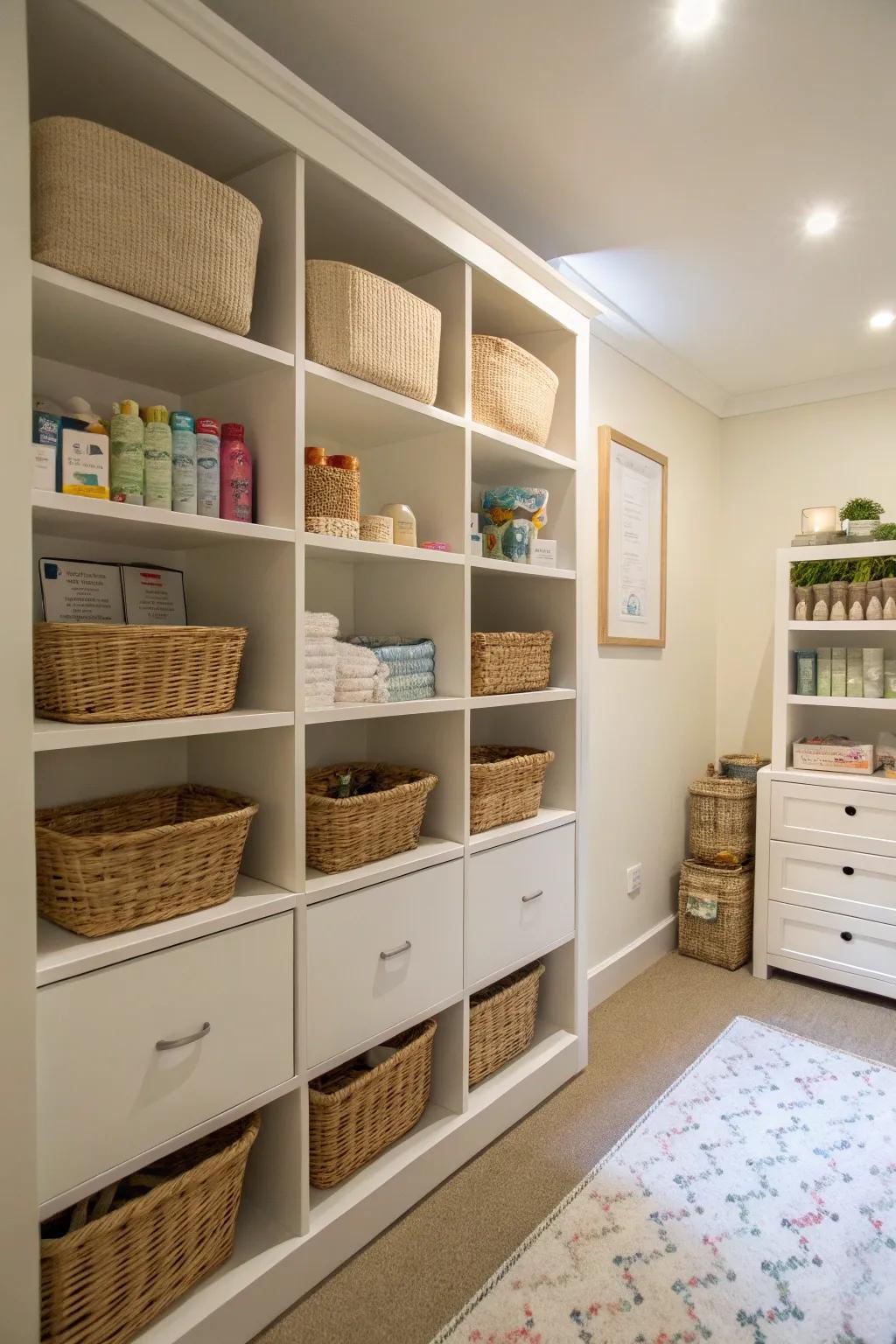 Creative shelving and storage containers maintain order in the nursing room.