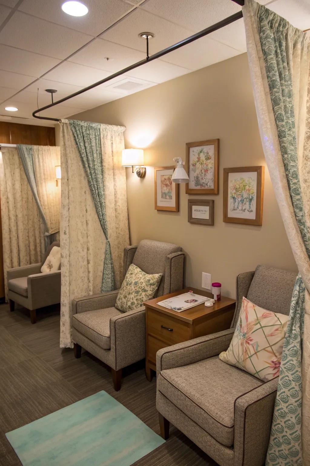 Multiple nursing stations provide privacy and accessibility for several mothers.
