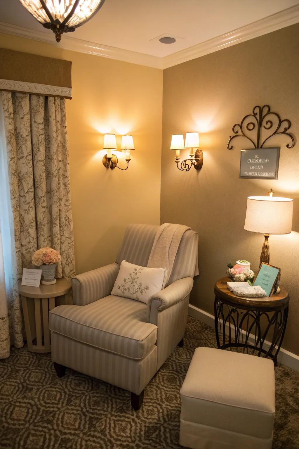 Gentle lighting enhances the calm atmosphere in nursing areas.