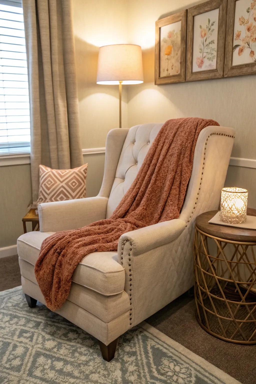 A plush armchair with a soft throw creates a cozy nursing nook.