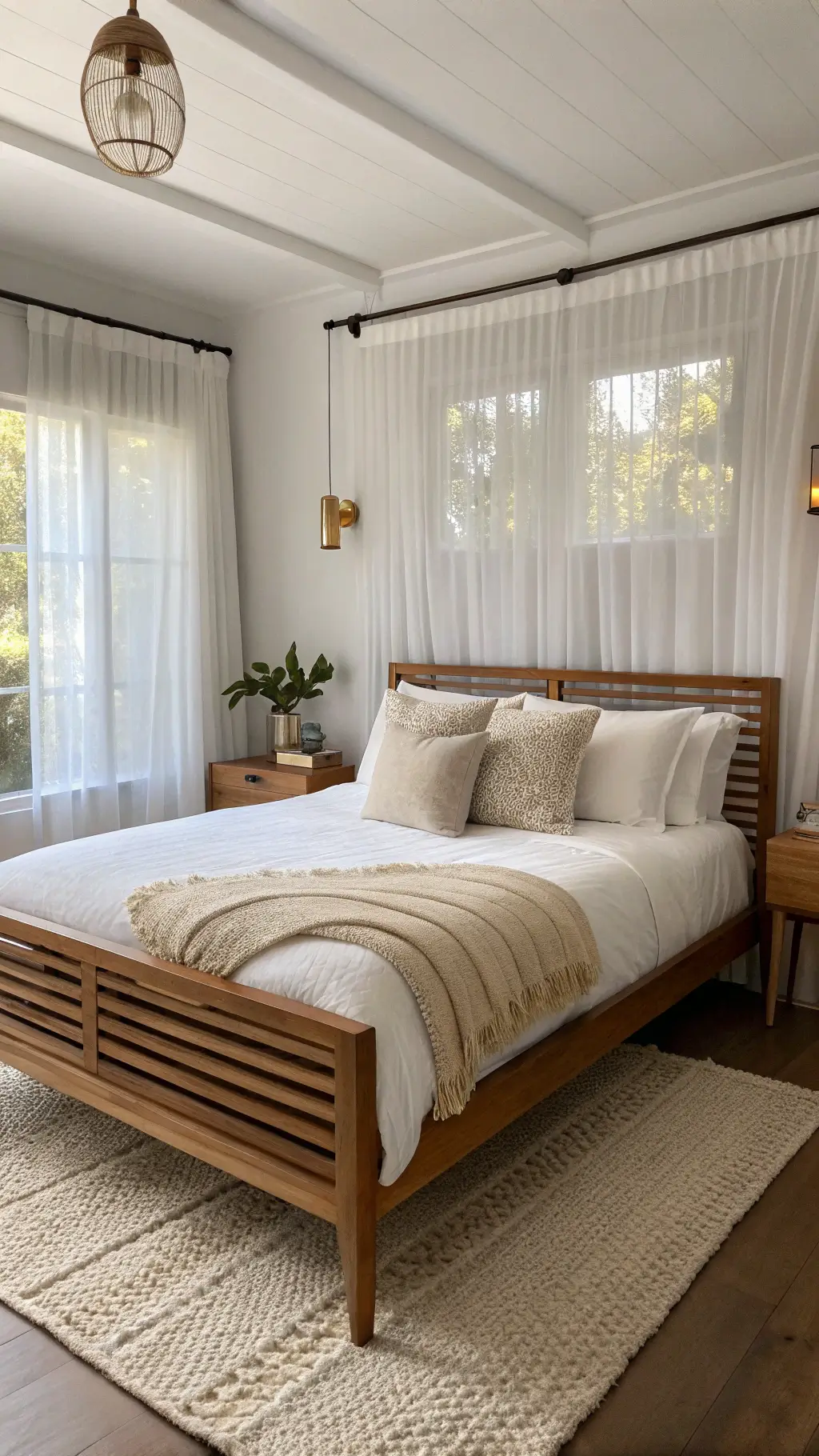 Danish-inspired king bed in honey-toned teak with crisp white bedding and camel leather pillows, bathed in soft morning light through sheer curtains.