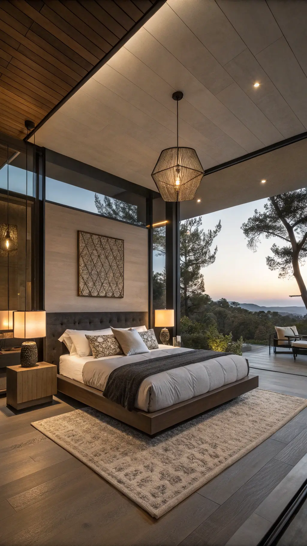 Modern bedroom with pendant lighting, low-profile king platform bed, charcoal linen bedding, ivory silk pillows, and floating nightstands at dusk.