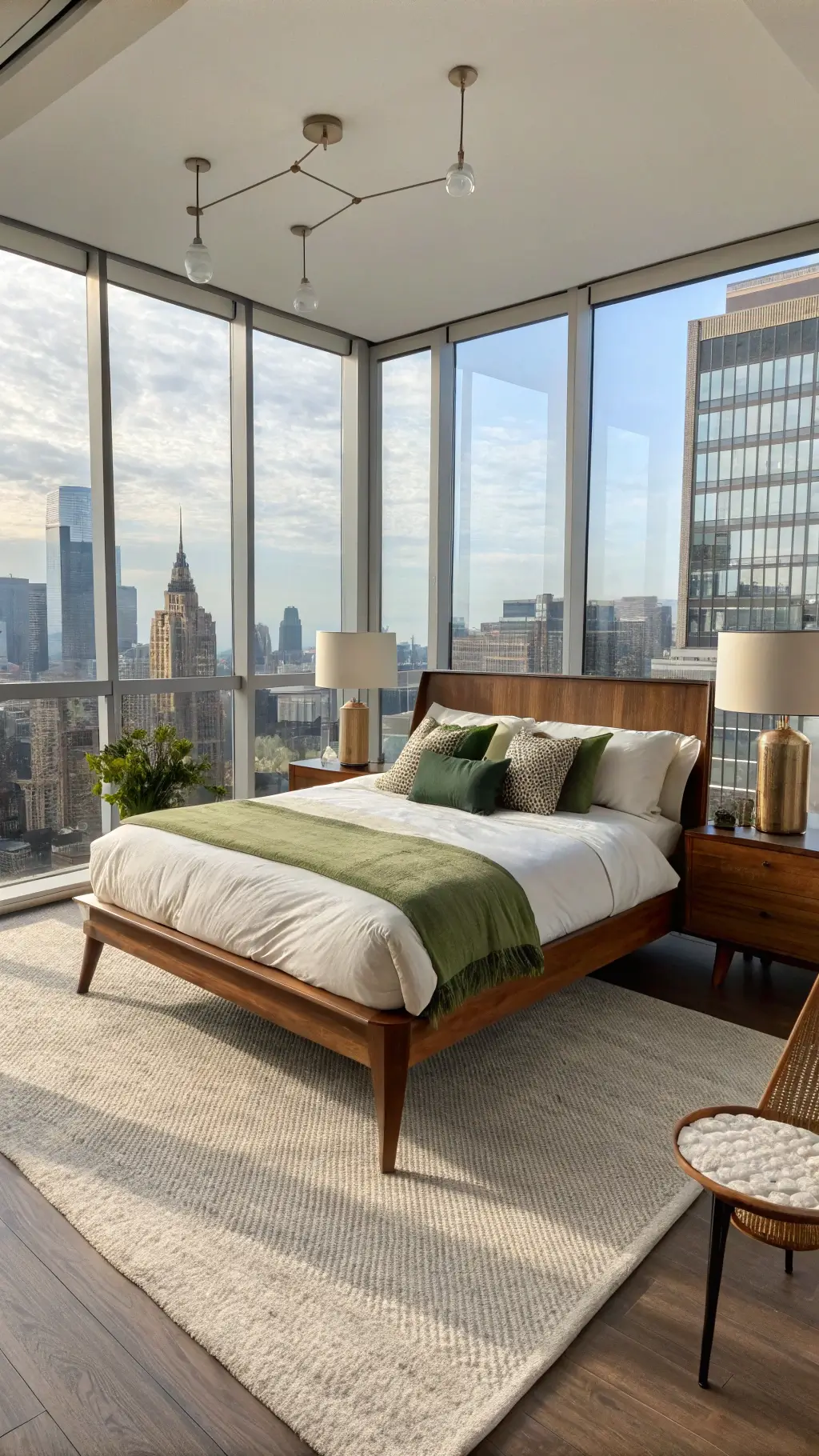 Bright master suite with city views, sculptural mid-century modern king bed, white bedding, green velvet pillows, cream wool throw, and vintage table lamps.