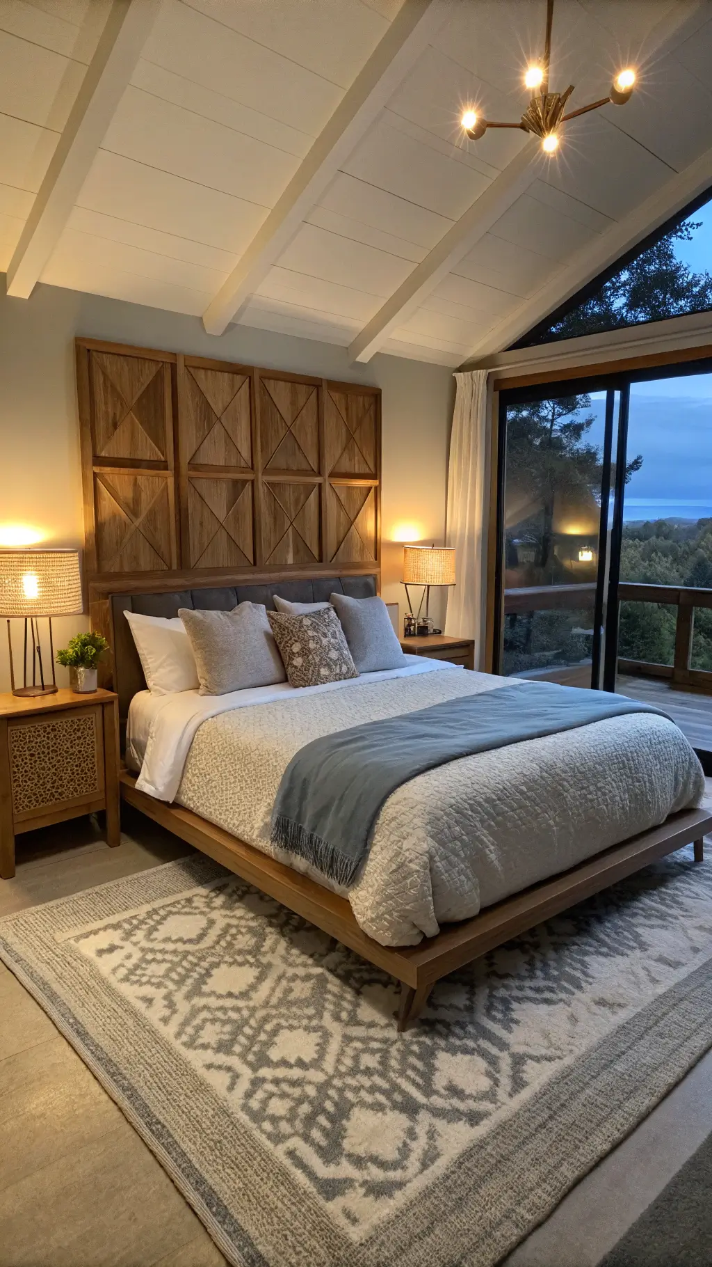 Scandinavian minimalist bedroom with solid oak platform bed, geometric headboard, walnut side tables, and cozy grey-blue linen bedding at twilight.