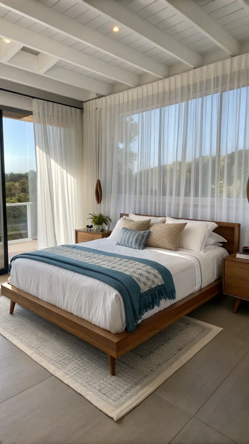 Airy bedroom with mid-century modern king bed, white cotton bedding, gauze throw, floating nightstands, LED lighting, and sheer curtains.