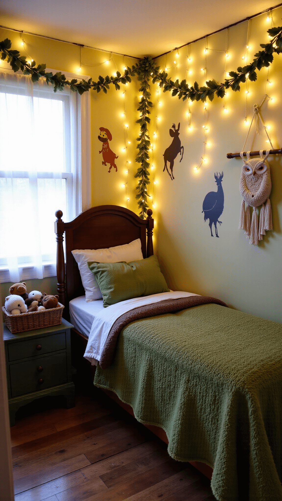 Cozy forest-themed kids' room with fairy lights, wooden twin bed with moss green and mushroom brown blankets, woodland creature wall decals, vintage side table, woven basket filled with stuffed animals, and macramé owl hanging at dusk