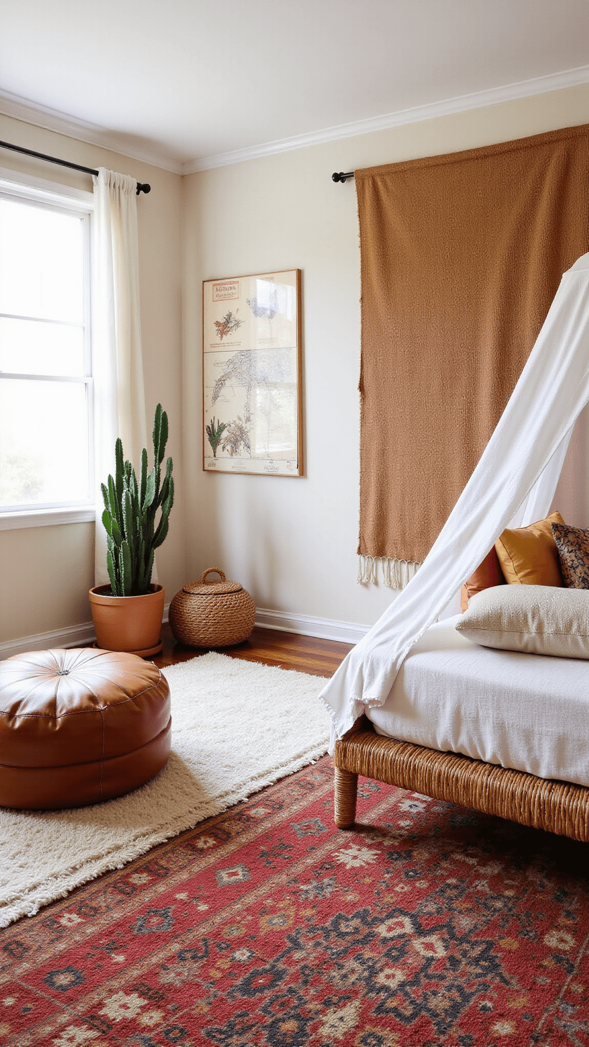 Desert-themed children's room with Moroccan leather pouf, vintage kilim rugs, rattan bed, wall tapestry, and gallery illuminated by morning light