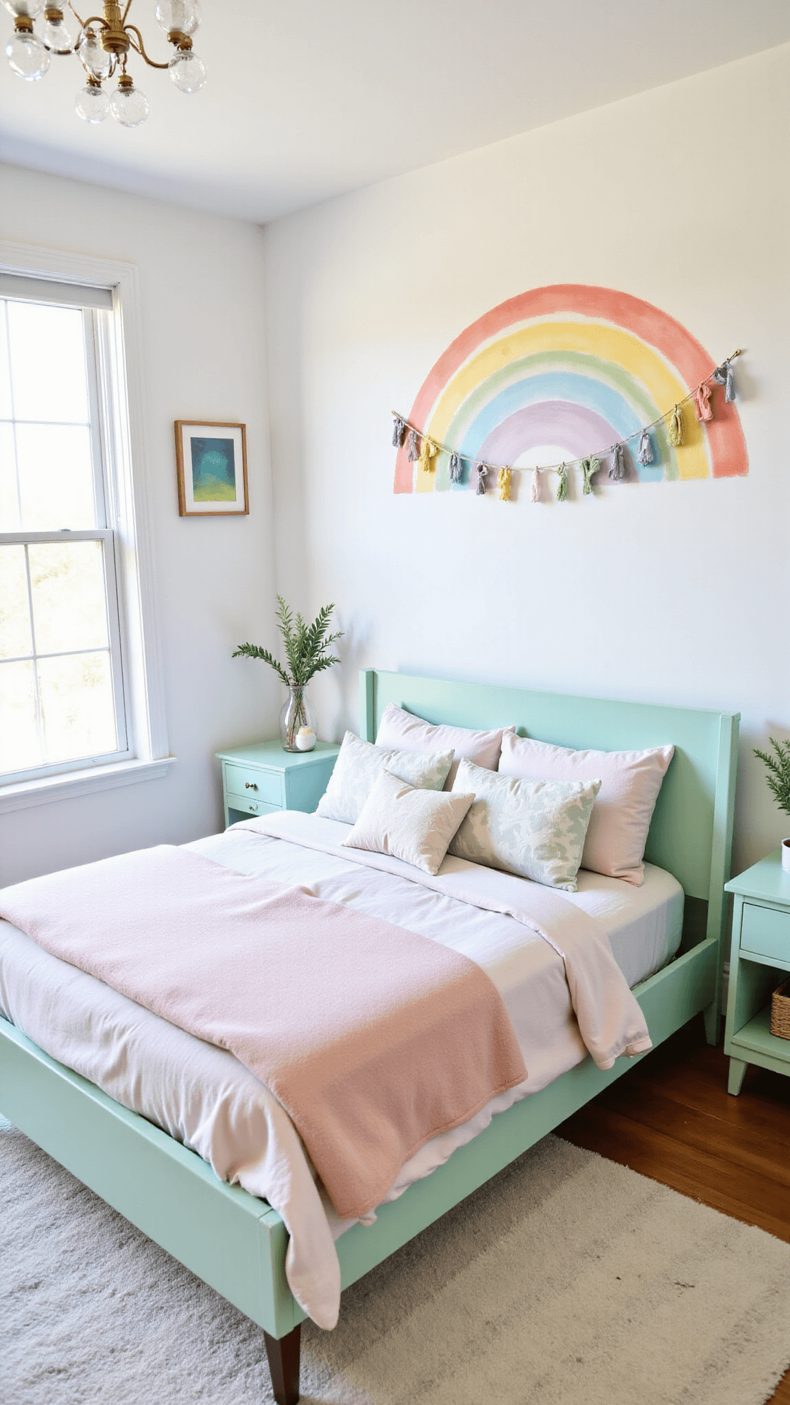 Bright rainbow-themed bedroom with watercolor mural, colorful textile art, mint green mid-century modern bed with pastel linens, and window prisms casting rainbow reflections