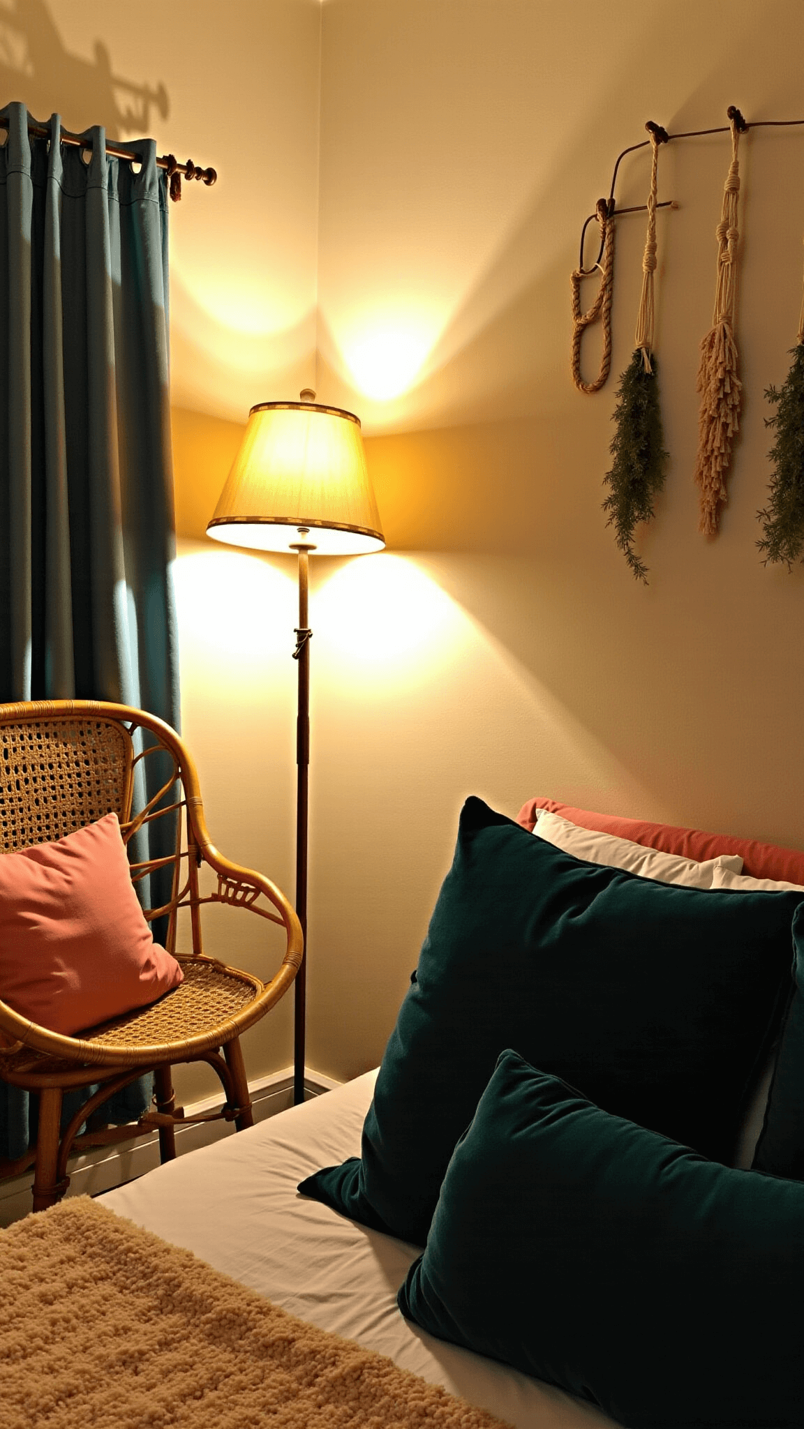 Boho sanctuary with warm lighting, vintage brass floor lamp, rattan peacock chair, velvet pillows, macramé plant hangers, and string light canopy at twilight