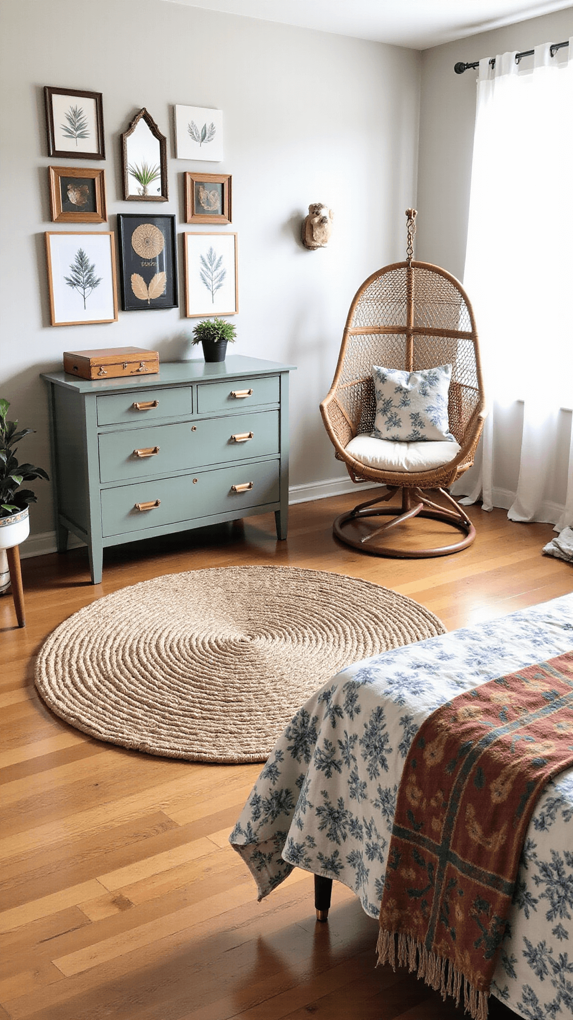 Overhead view of boho kids' room with jute rug, rattan hanging chair, sage green vintage dresser, textile art gallery wall, and earth-toned bedding illuminated by natural light through sheer curtains