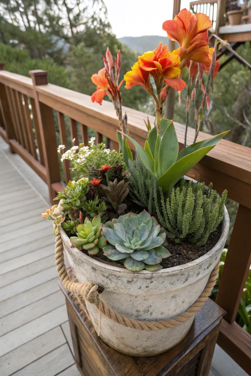 Sunbeam blossoms paired with succulents for a textured garden display.