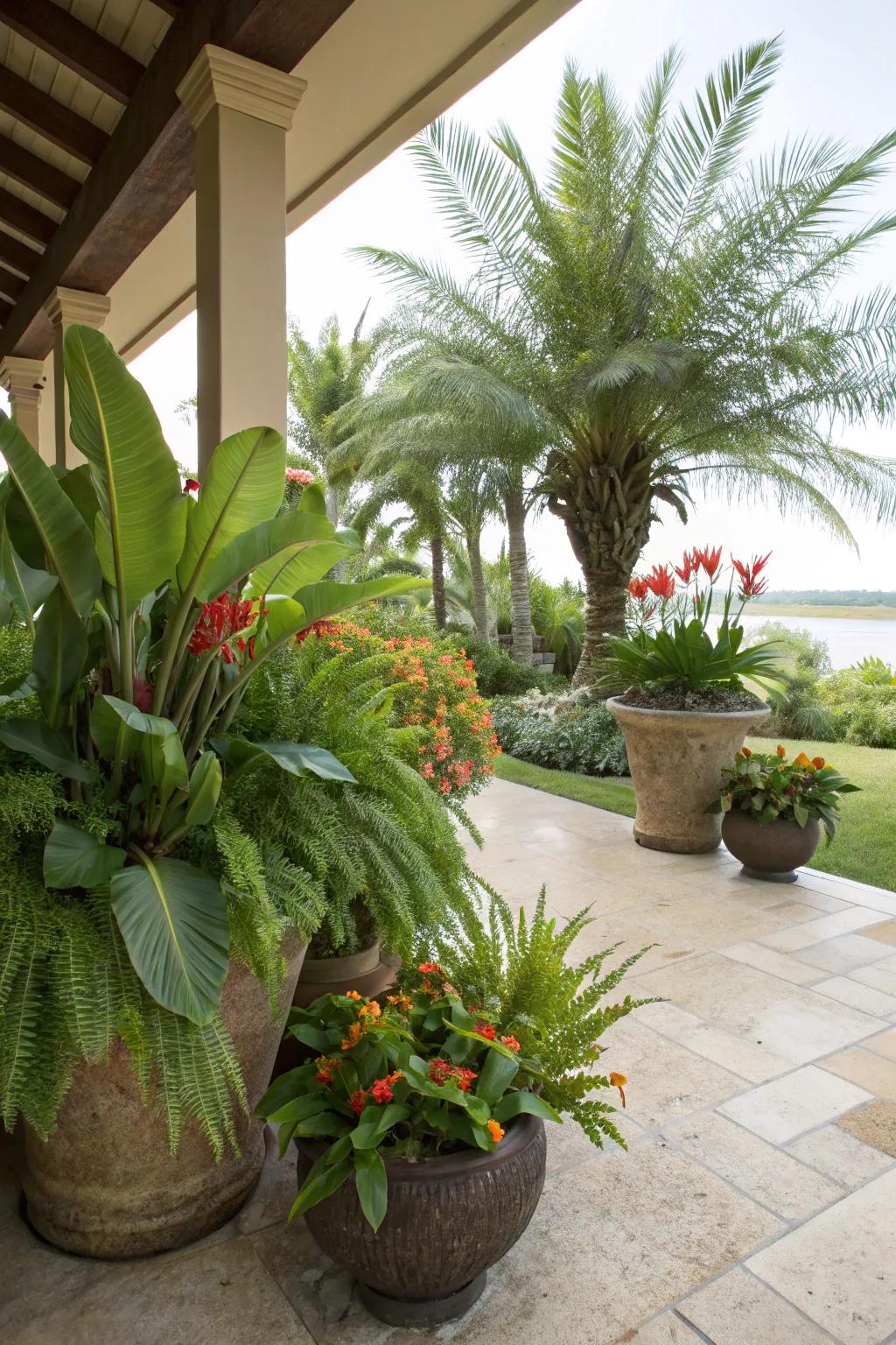 A patio transformed into a tropical retreat with sunbeam blossoms, ferns, and palms.