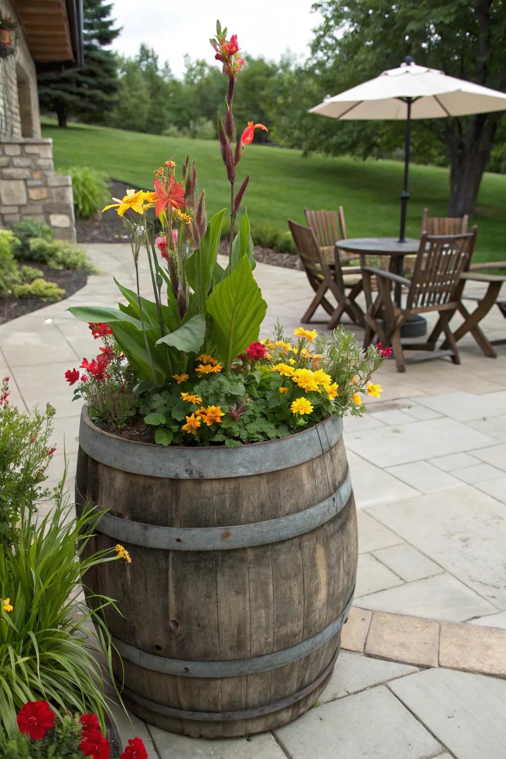 Sunbeam blossoms and wildflowers in a wooden barrel, evoking rustic charm.