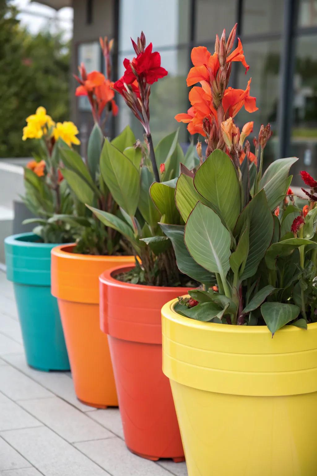 Sunbeam blossoms arranged in color-blocked pots for a lively garden effect.