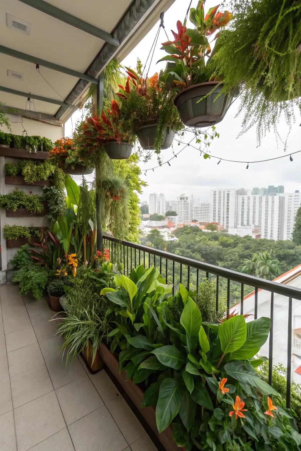 A balcony transformed into an urban jungle with sunbeam blossoms and lush foliage.