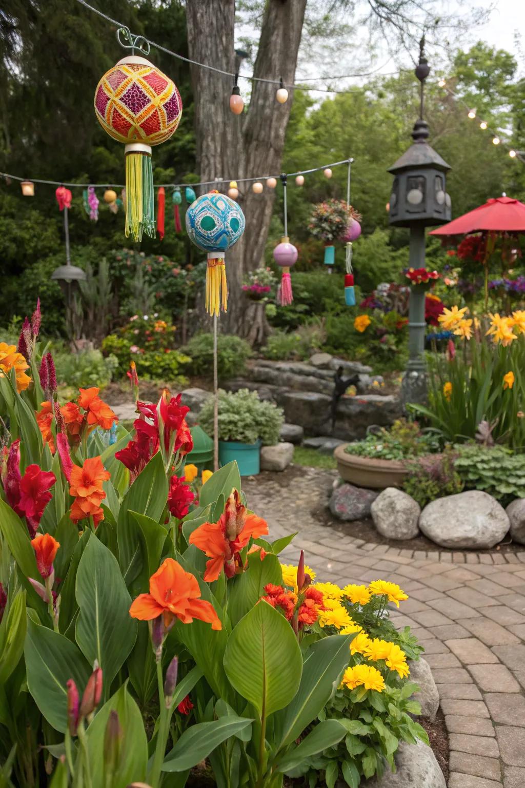 A whimsical garden featuring sunbeam blossoms and enchanting decorations.