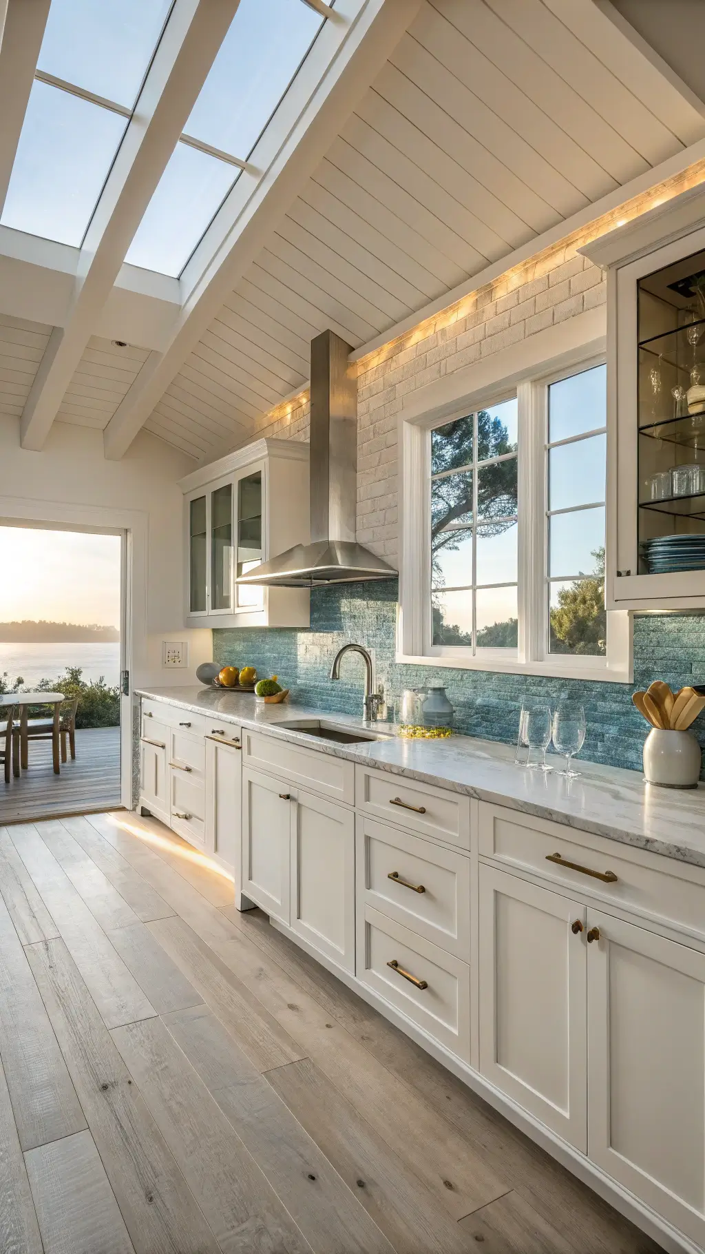 Sunlit coastal kitchen with pearl white aluminium cabinets, blue glass backsplash, marble countertops, and pale oak flooring