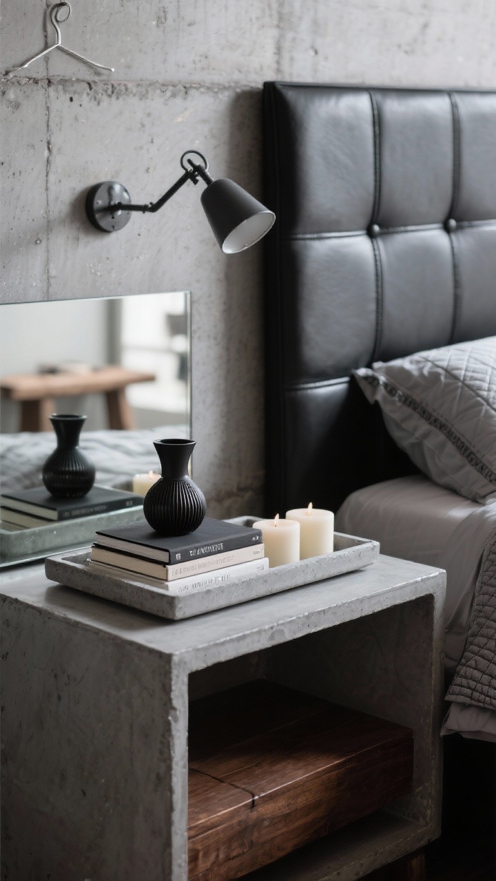 The Industrial Edge Loft: Concrete gray walls, black leather headboard, smoked mirror nightstands, and industrial lighting create a raw yet polished bedroom.