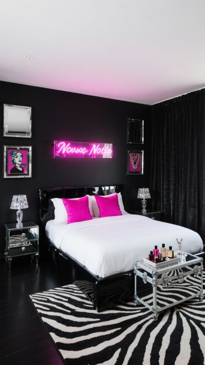 The Neon Noir Glam Haven: Matte black walls, mirrored bed, neon LED sign, and chrome accents create a vibrant, edgy bedroom.