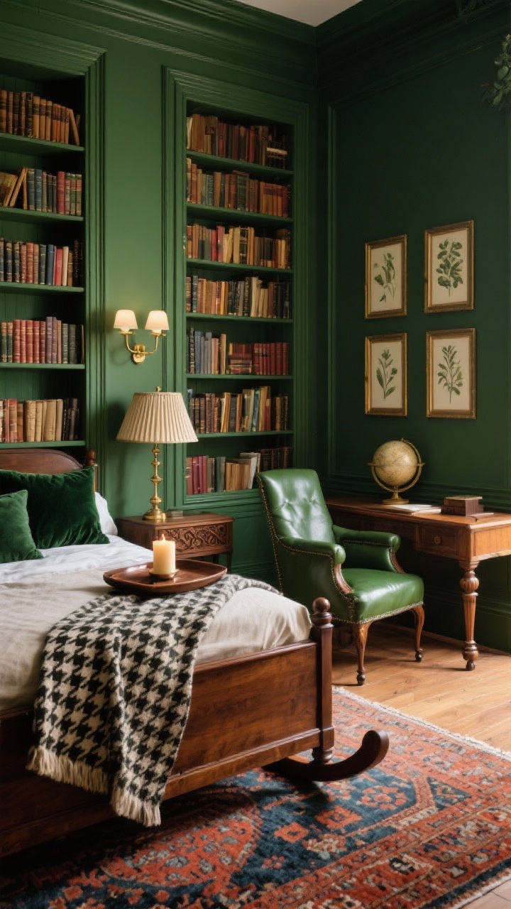 The Intellectual Dark Academia Retreat: Forest green walls, walnut sleigh bed, vintage rug, and classic library elements create a scholarly bedroom.