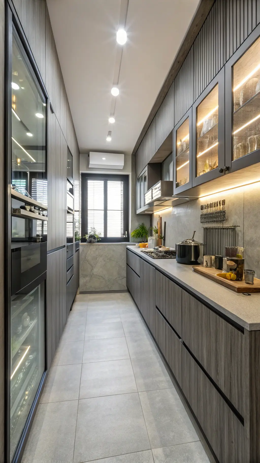 Compact urban kitchen with graphite aluminium cabinets, integrated appliances, hidden storage, and LED lighting