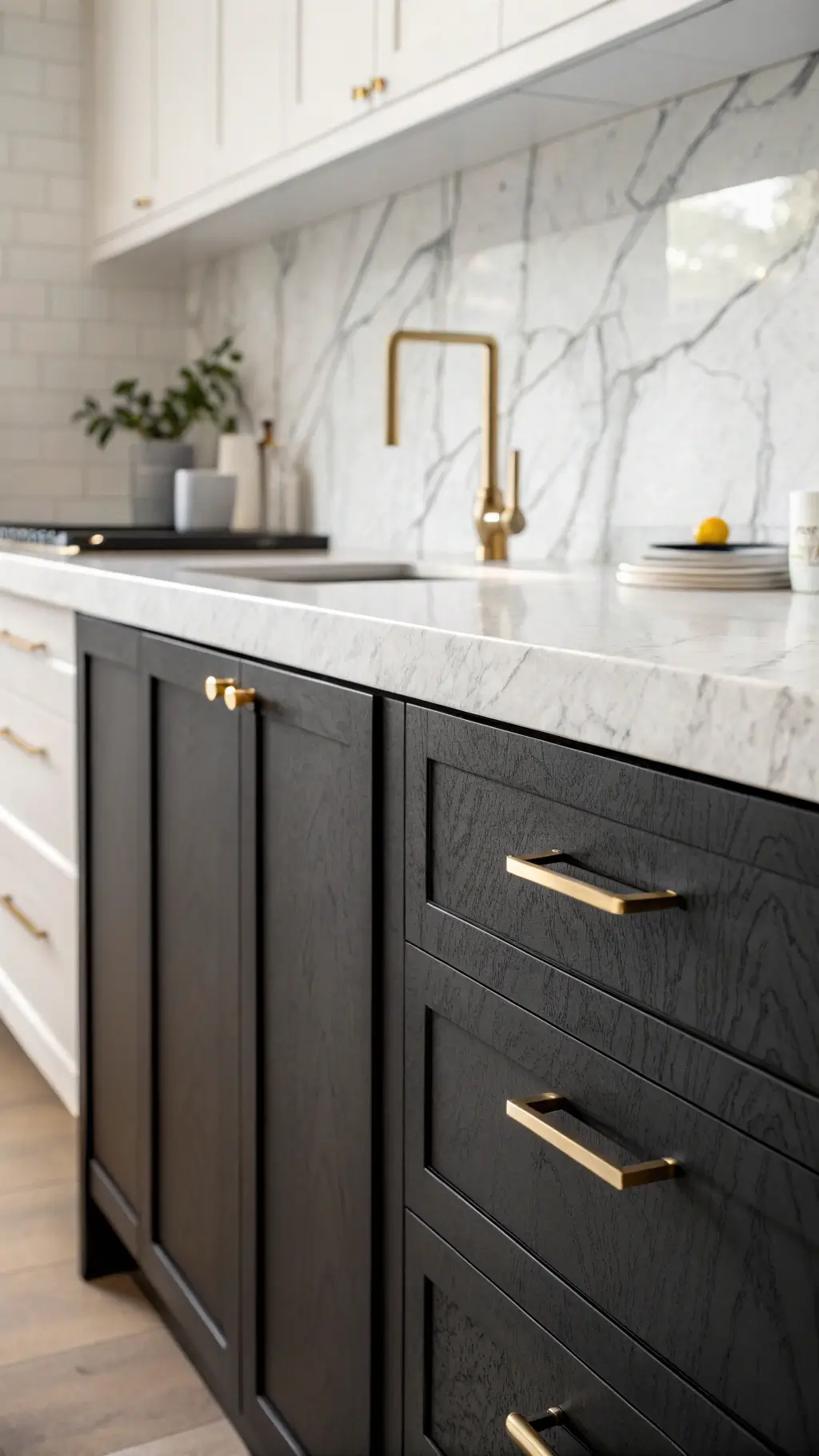 Close-up of black matte kitchen cabinet with brass pull meeting white marble countertop under morning light