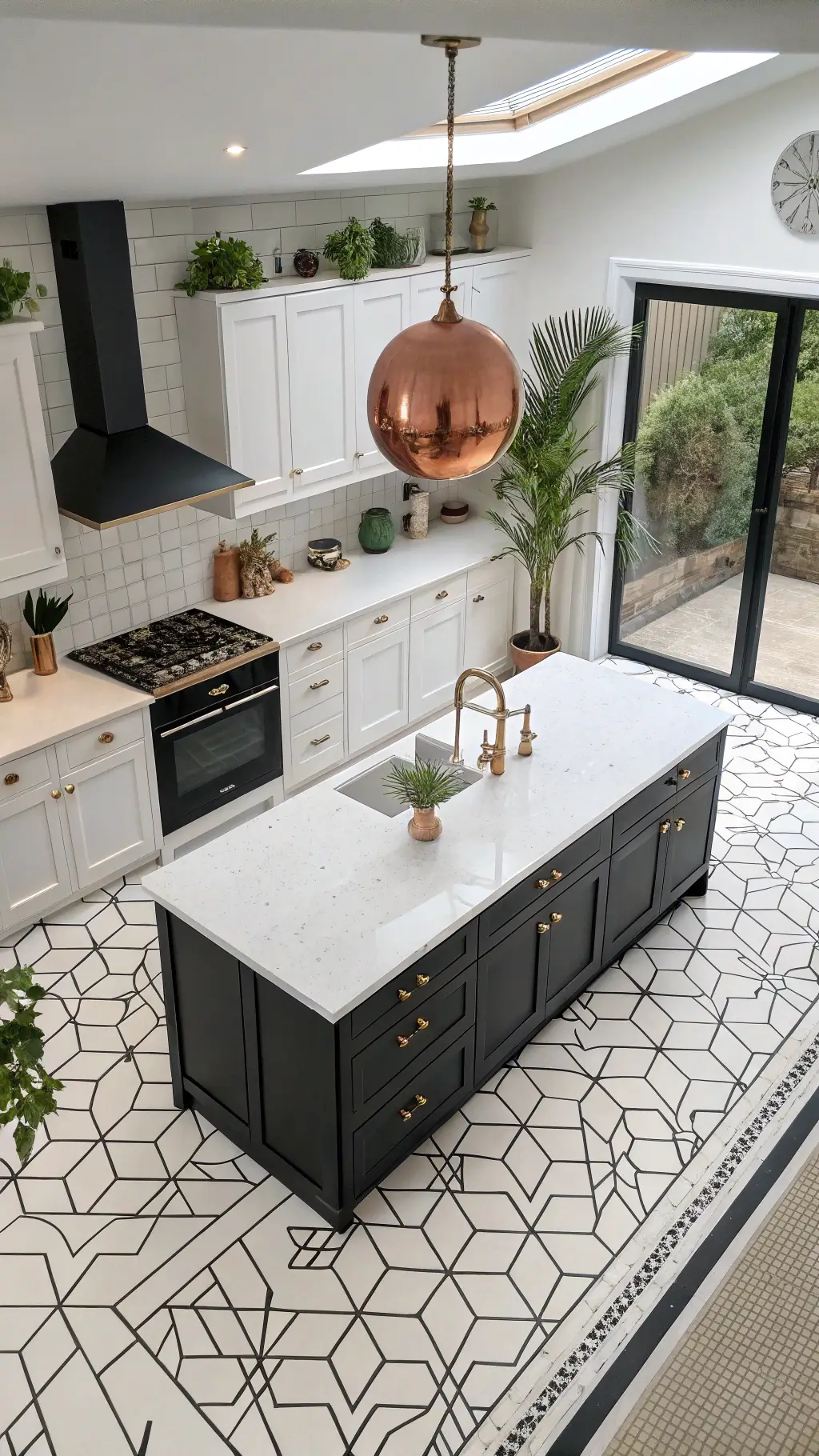 Bird's eye view of spacious contemporary kitchen with black and white cabinets, quartz island top, geometric tile floor, copper pendant lights, and green plants in soft afternoon light