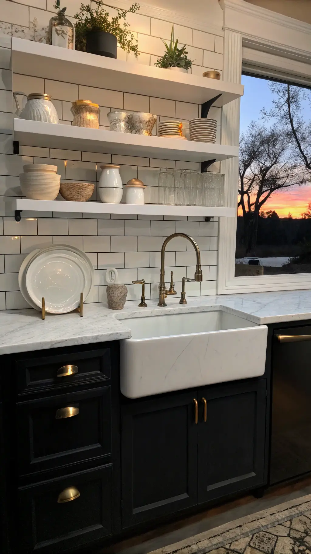 Twilight view of luxurious kitchen workspace with black cabinets, farmhouse sink, white marble counter, open shelving, pottery collection, aged brass faucet, and subway tile backsplash lit by artificial sunset glow