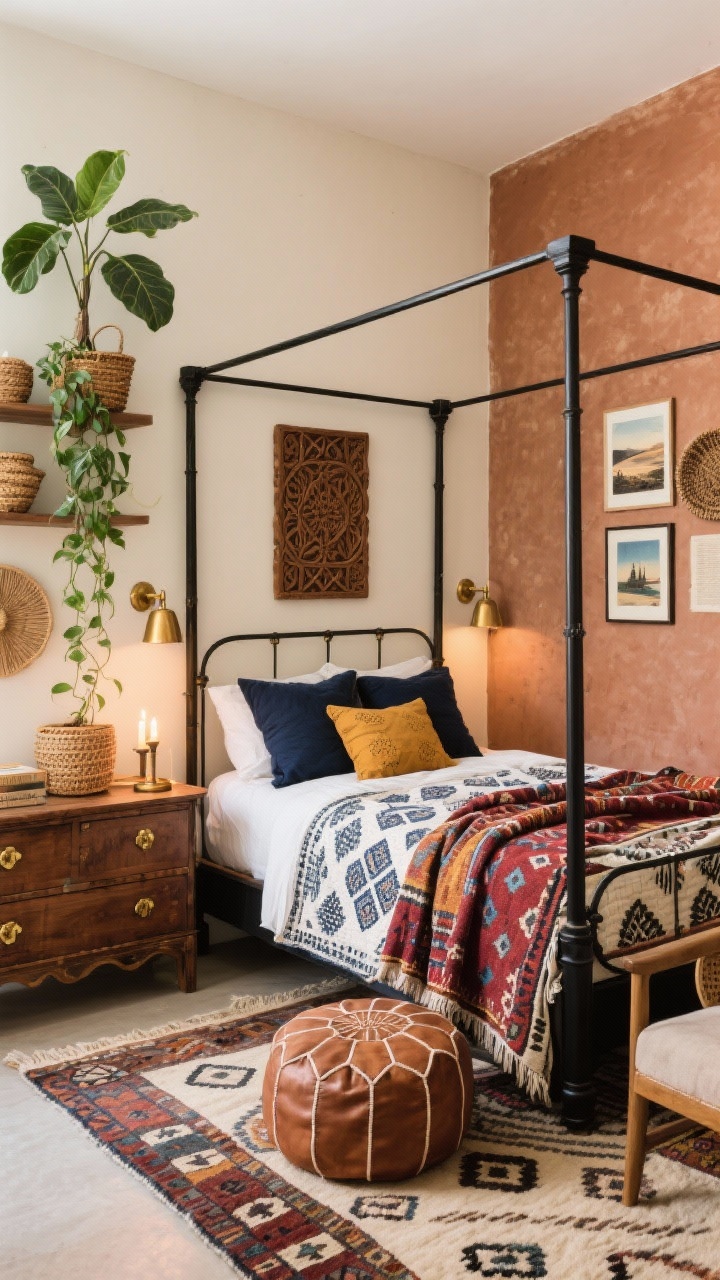 Global Eclectic Traveler's Nest: black metal canopy bed, layered textiles, vintage teak dresser, brass lighting, and lush plants