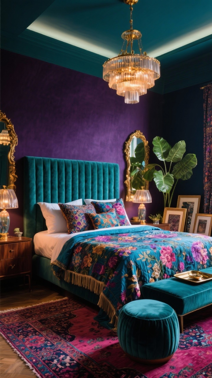 Jewel-Toned Maximalist Boho Glam Bedroom: velvet tufted headboard, jewel-toned bedding, Persian rug, brass chandelier, and lush plants