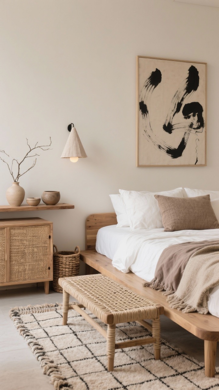 Earthy Organic Boho with Japandi Calm: solid wood platform bed, ivory linen, taupe duvet, wool rug, linen sconces, and hand-thrown ceramics
