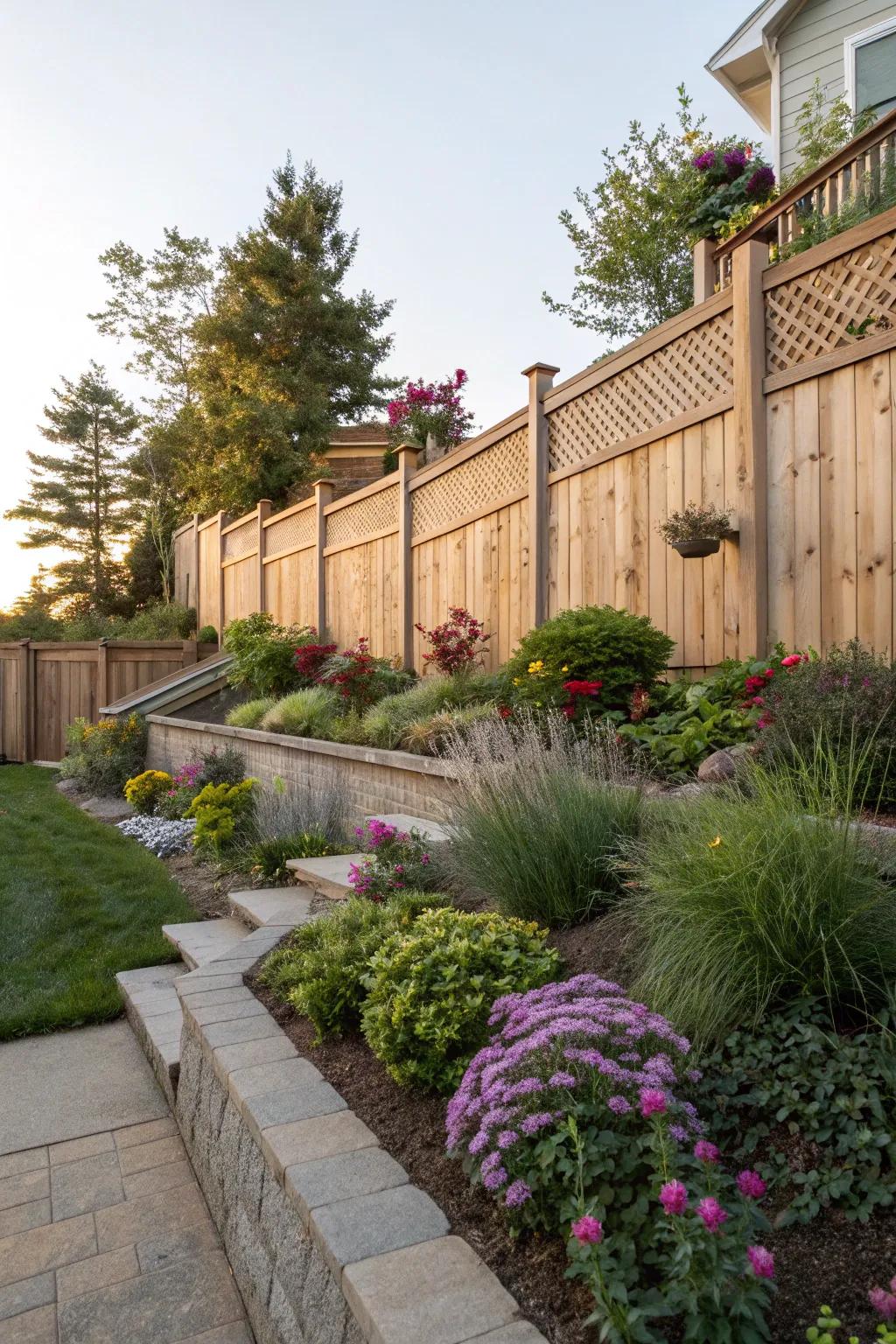 Layered plants add dimension and interest along the fence line.