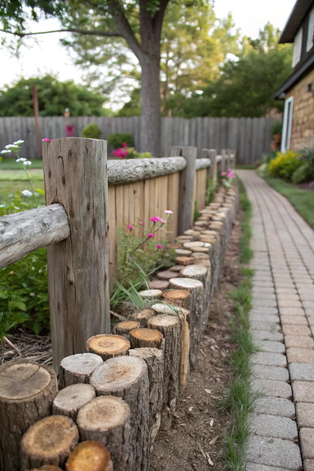 Cut timber logs create a charming rustic fence border.