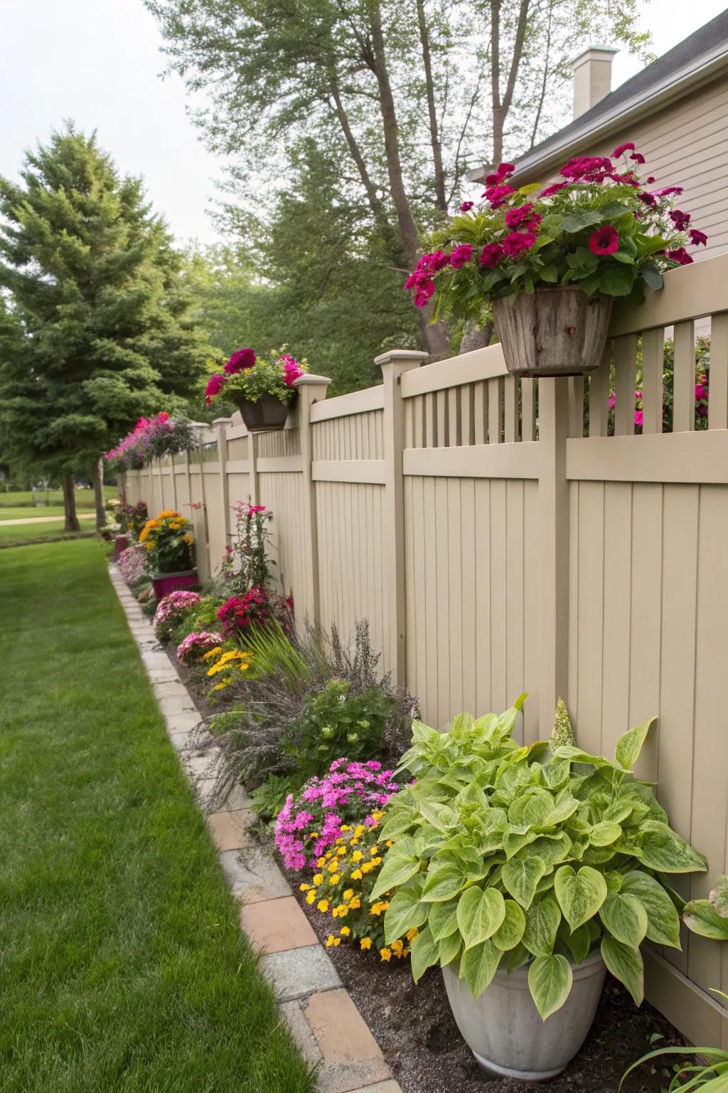 Fence lined with colorful planters adds personality and charm.