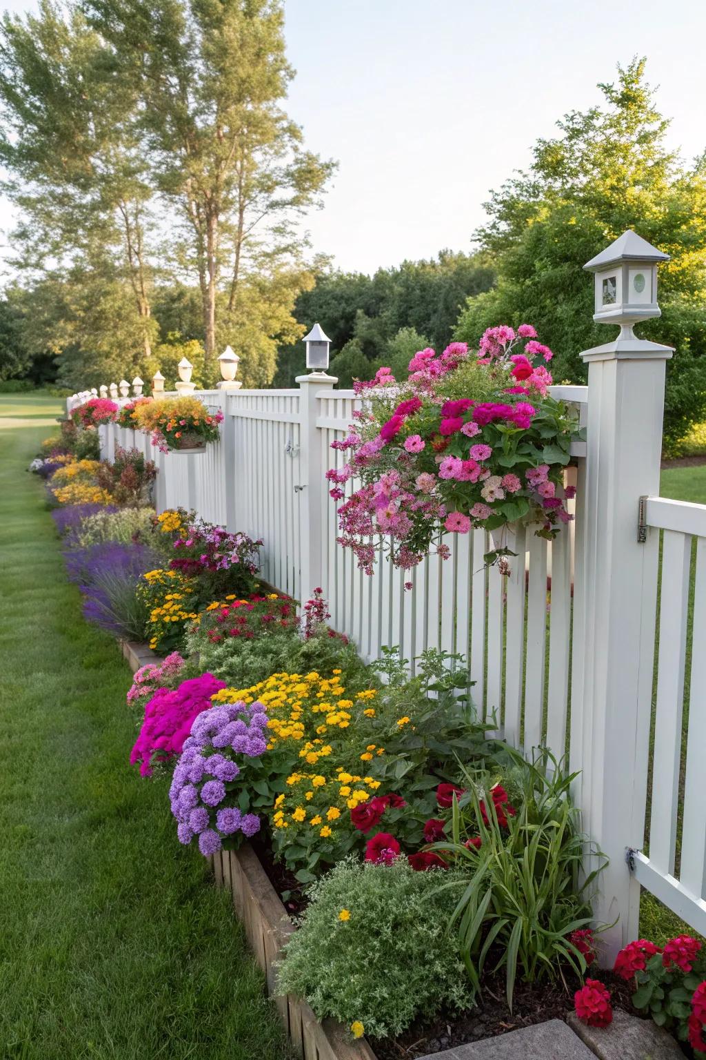 Bright flower beds add life and color to your fence area.